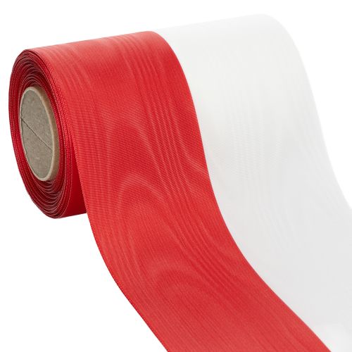 daiktų Muaro vainiko juostelė, gedulo juostelė baltai raudona, dekoratyvinė juostelė 150 mm, atminimo juostelė gedulo fleur, acetato taftos 25 m