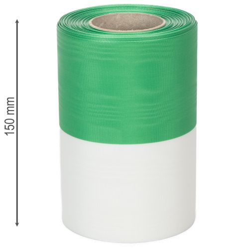 daiktų Muaro vainiko juostelė žaliai balta 150 mm, dekoratyvinė juostelė, kaspinėlis, taftos kokybės 25 m