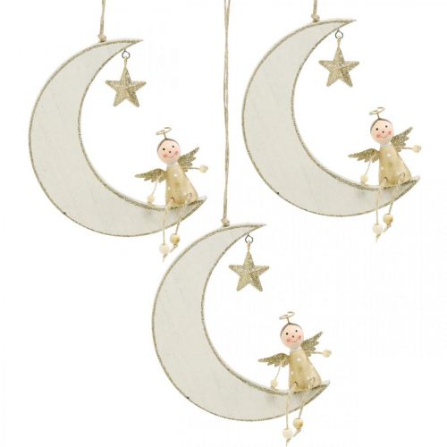 daiktų Advento puošmena, angelas ant mėnulio, medinė dekoracija pakabinimui balta, auksinė A14,5cm P21,5cm 3vnt.