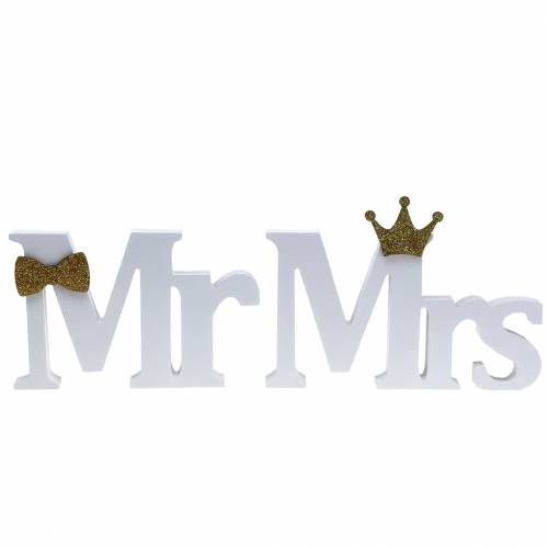 Floristik24 Dekoratyvinės raidės Mr & Mrs medis baltos, auksinės rūšiuotos H11/13,cm rinkinyje 4 vnt