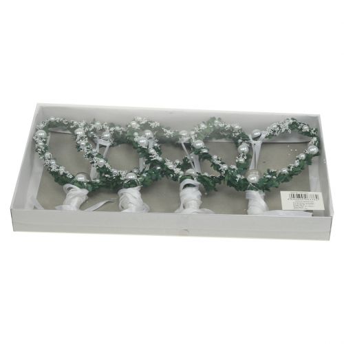 Floristik24 Mirtos širdelė su kaspinu, perlai, vamzdeliai balti 4vnt