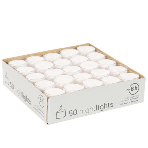 Naktinės lemputės Arbatinės žvakutės Baltos Plastikiniame Padėkle 8 Valandos 50 Vnt. | Floristik24.lt