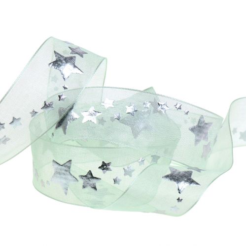 Floristik24 Dekoratyvinė juostelė organza su žvaigždės motyvu šviesiai žalia 25mm 20m