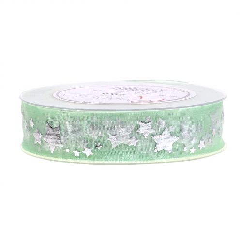 Floristik24 Dekoratyvinė juostelė organza su žvaigždės motyvu šviesiai žalia 25mm 20m