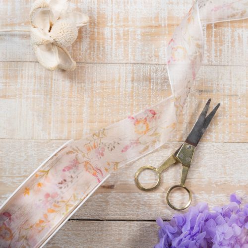 daiktų Organzos juostelė, šifono juostelė, gėlėta, oranžinė/rožinė, 40 mm, 15 m