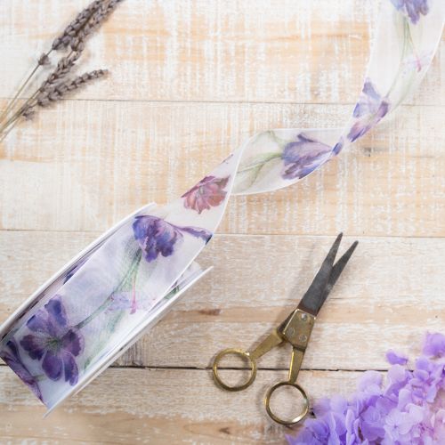 daiktų Organzos juostelė, šifono juostelė, papūgos tulpės, violetinė, 40 mm, 18 m