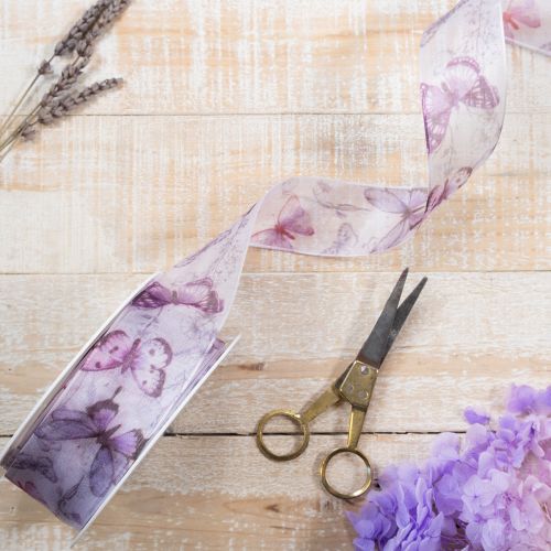 daiktų Organzos juostelė, šifono juostelė, drugeliai, violetinė, 40 mm, 18 m