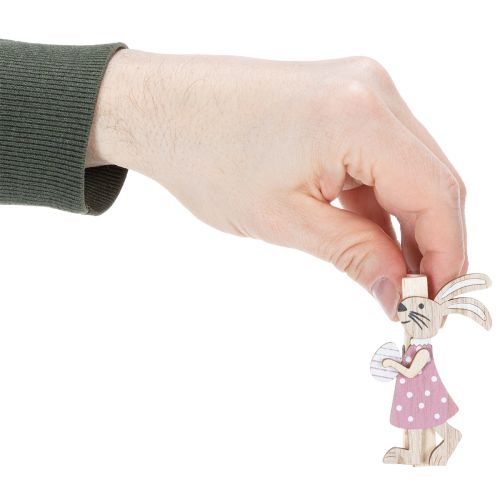 daiktų Velykų zuikučio dekoratyviniai segtukai, rožinės ir baltos spalvos mediniai velykiniai papuošimai, 7,5 cm, 4 vnt.