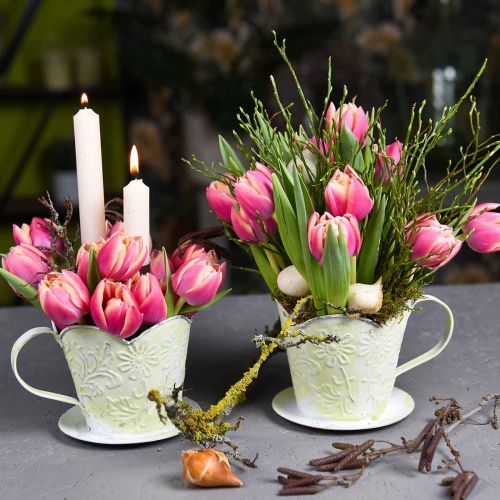 daiktų Sodintuvas, dekoratyvinis kavos filtro laikiklis, metalinis puodelis sodinimui, gėlių dekoras žalias, baltas nuskuręs prašmatnus H11cm Ø11cm
