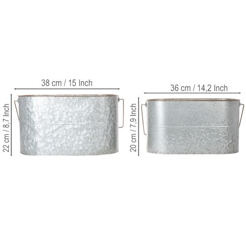 daiktų Metalinis vazonas su rankena, sidabro spalvos, rudos spalvos, aukštis 22/20 cm, ilgis 42/40 cm, 2 vnt. rinkinys