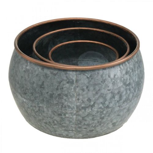 daiktų Dekoratyvinis vazonas, sodinuko dubuo, metalinis indas sidabrinis, vario spalvos senovinė išvaizda H22 / 20,5 / 16,5 cm Ø39 / 30,5 / 25 cm rinkinys iš 3