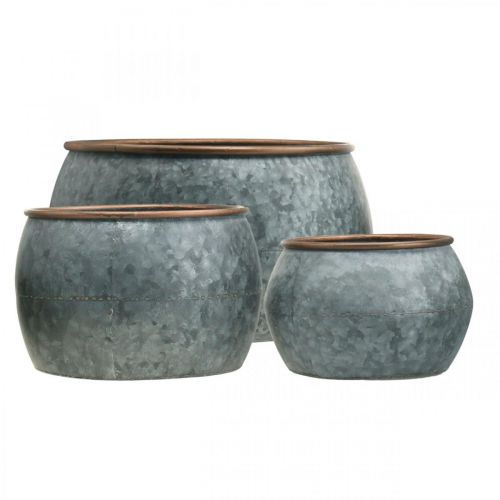 daiktų Dekoratyvinis vazonas, sodinuko dubuo, metalinis indas sidabrinis, vario spalvos senovinė išvaizda H22 / 20,5 / 16,5 cm Ø39 / 30,5 / 25 cm rinkinys iš 3
