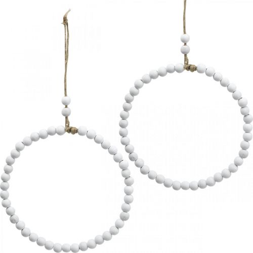 Dekoratyvinis medinis žiedas, spyruoklinė puošmena, žiedas su perlais, vestuvinis baltas Ø19cm 4vnt.