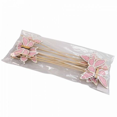 daiktų Rožinės drugelio deko lazdos medinės 7,5cm 28cm 12vnt