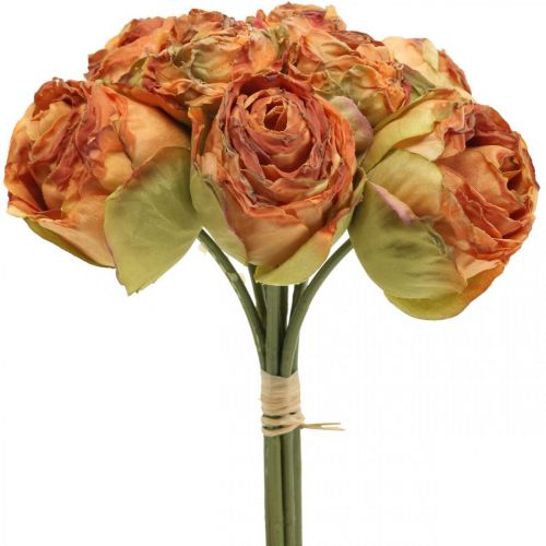 Rožių kekė, šilkinės gėlės, dirbtinės rožės oranžinės, antikvarinės išvaizdos L23cm 8vnt