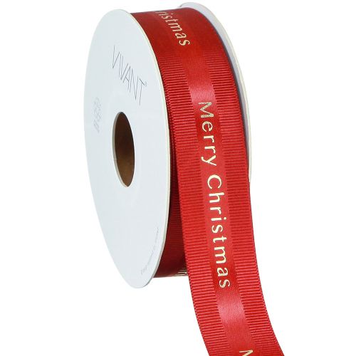 Raudona kalėdinė juostelė su auksine raide &quot;Merry Christmas&quot;, plotis 25mm, ilgis 20m