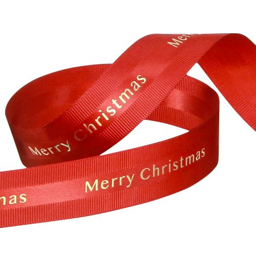 daiktų Raudona kalėdinė juostelė su auksine raide "Merry Christmas", plotis 25mm, ilgis 20m