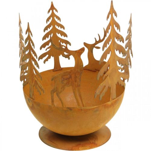 Metalinis dubuo su elniu, miško puošmena Adventui, dekoratyvinis indas iš nerūdijančio plieno Ø25cm H29cm