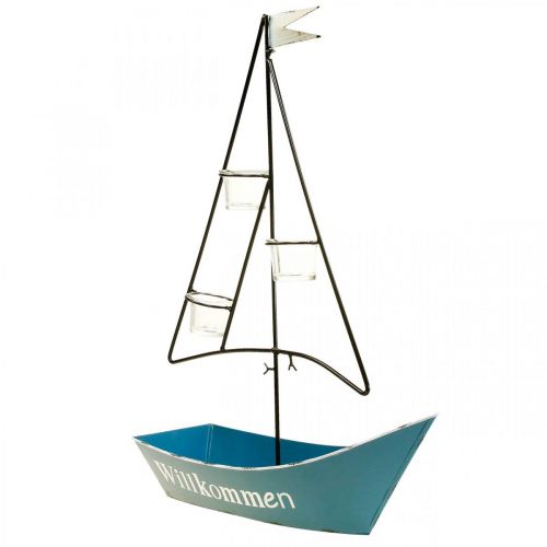 Žibintų metalinė laivo dekoracija mėlyna 38x14x55cm