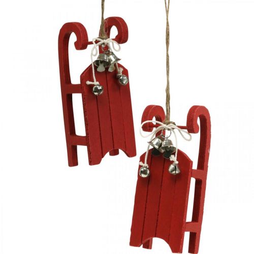 Floristik24 Dekoratyvinės medinės rogės raudonos su varpelio virvute L13cm 4 vnt