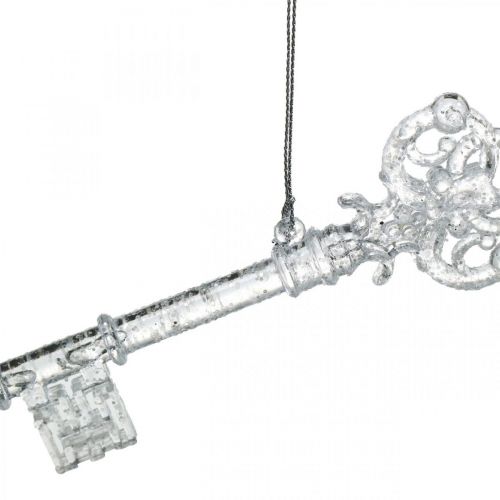daiktų Eglutės puošimo raktas, Adventas, pakabukas eglutei su blizgučiais permatomas / sidabrinis L14,5cm plastikinis 12vnt