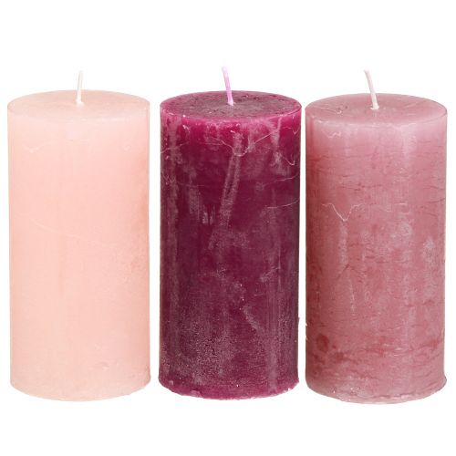 Floristik24 Siauros kolonos žvakės Pink Berry 3 spalvos 50x100mm 12 vnt