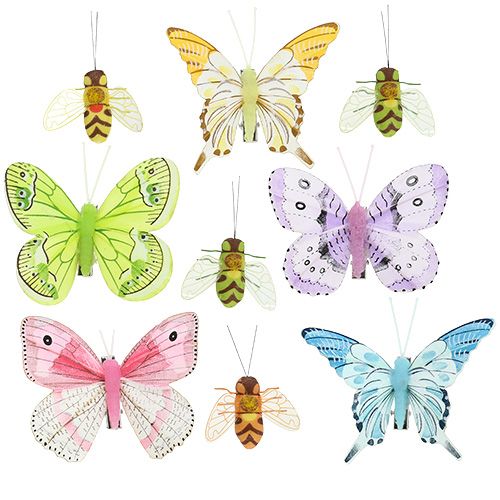 Floristik24 Drugelis, bičių puošmena ant segtuko 4cm - 8cm 9 vnt