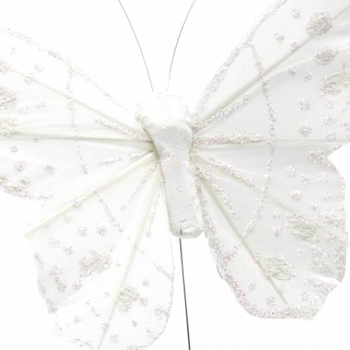 Floristik24 Plunksninis drugelis ant vielos baltas su blizgučiais 10cm 12vnt