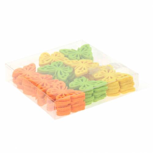 Floristik24 Veltinio drugelio stalo puošmena geltona žalia oranžinė asorti 3,5x4,5cm 54 vnt.
