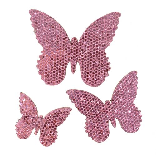Sklaidos dekoracijos drugelis rožinis blizgutis 5/4/3cm 24 vnt