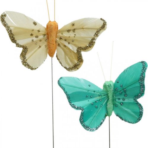 Floristik24 Drugelis su blizgučiais, dekoratyvinis kištukas, plunksninis drugelis pavasarinis geltonas, turkis, žalias 4×6,5 cm 24 vnt.
