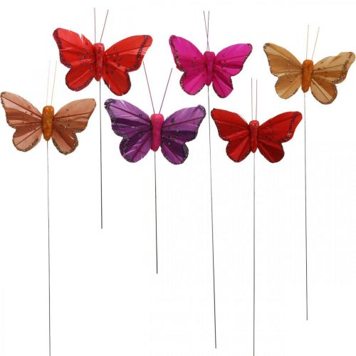 Floristik24 Pavasariniai, plunksniniai drugeliai su žėručiu, dekoratyvinis drugelis raudonas, oranžinis, rožinis, violetinis 4×6,5 cm 24 vnt.