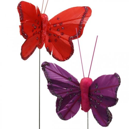 Floristik24 Pavasariniai, plunksniniai drugeliai su žėručiu, dekoratyvinis drugelis raudonas, oranžinis, rožinis, violetinis 4×6,5 cm 24 vnt.