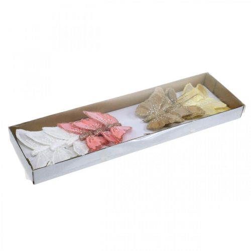 Floristik24 Drugeliai su žėručiu, vestuvių puošmena, dekoratyvinis kamštis, plunksninis drugelis geltonas, smėlio spalvos, rožinis, baltas 9,5×12,5 cm 12 vnt.