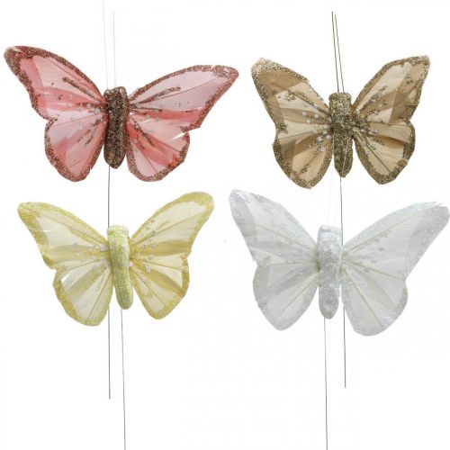 Floristik24 Drugeliai su žėručiu, vestuvių puošmena, dekoratyvinis kamštis, plunksninis drugelis geltonas, smėlio spalvos, rožinis, baltas 9,5×12,5 cm 12 vnt.
