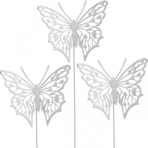 Gėlių kamštelis drugelis, sodo puošmena metalinis, augalų kamštis shabby chic baltas, sidabrinis L51cm 3vnt.