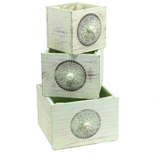 Augalų dėžutės dekoratyvinis stalčius nušiuręs žalias 15-23cm rinkinys iš 3