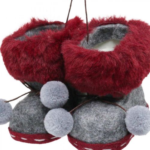Floristik24 Kalėdų eglutės puošimo batai su bobuliu 8cm pilka/raudona 3vnt