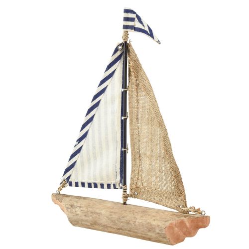 daiktų Burlaivis dekoratyvinis laivas su mėlyna ir balta bure ir džiutu H42cm