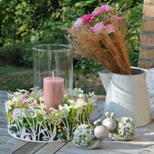 daiktų Dekoratyvinis padėklas su kiaulpienėmis, metalinė puošmena pavasario baltumui, sidabrinė shabby chic Ø25cm H10.5cm