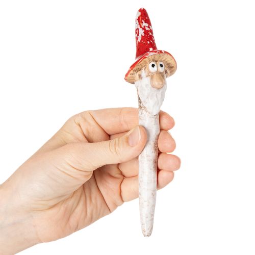 Priklijuojama nykštuko figūrėlė su ilga barzda ir grybo formos kepure, dekoracija, 17 cm, 2 dalys | Floristik24.lt