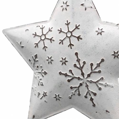 Floristik24 Dekoratyvinė kabykla žvaigždė ir eglutės rutulys su snaigėmis metalinis baltas Ø9.5 / 7.6cm H10 / 9.2cm 4vnt.