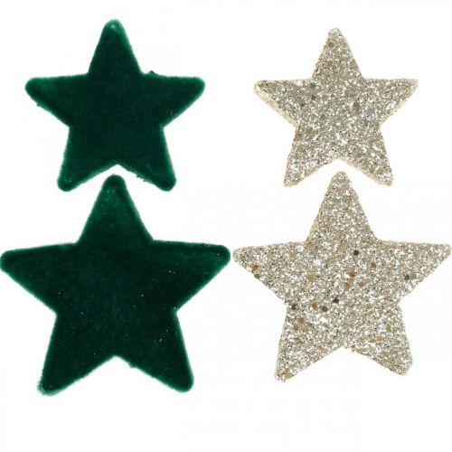 Floristik24 Žvaigždžių pabarstukų dekoravimo mišinys žalias ir auksinis Kalėdinis 4cm/5cm 40 vnt