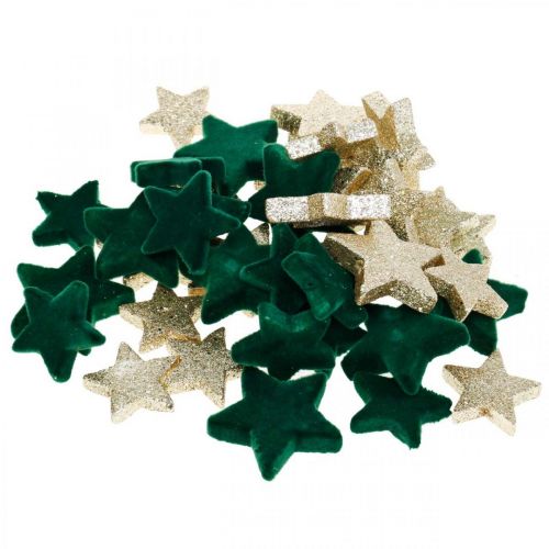 Floristik24 Žvaigždžių pabarstukų dekoravimo mišinys žalias ir auksinis Kalėdinis 4cm/5cm 40 vnt