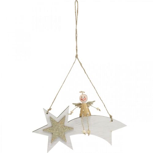 daiktų Angelas ant krentančios žvaigždės, kalėdinė dekoracija pakabinama, Advento balta, auksinė A13cm P21,5cm 2vnt.