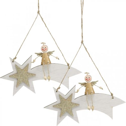 daiktų Angelas ant krentančios žvaigždės, kalėdinė dekoracija pakabinama, Advento balta, auksinė A13cm P21,5cm 2vnt.