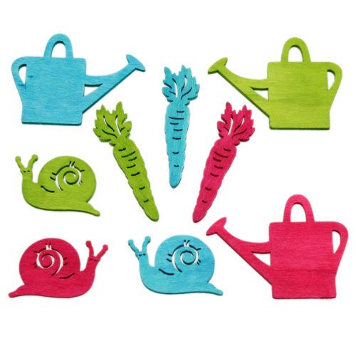 daiktų Išsklaidyta dekoracija medinės figūrėlės ąsotis sraigė morka 4cm - 6cm 72 vnt