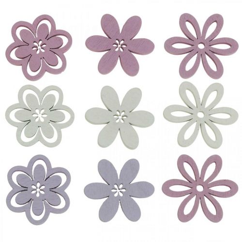 Medinės gėlės išsklaidytos dekoracijos žiedai violetiniai/rožiniai/balti Ø3,5cm 48p
