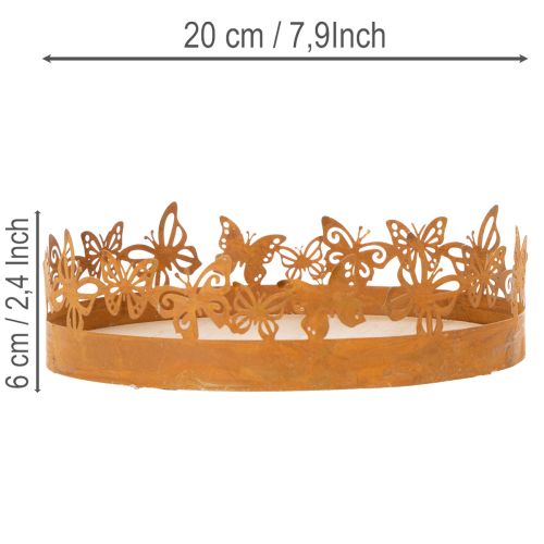 Padėklas su drugeliais, spyruoklinis, stalo dekoracija, metalinė dekoracija, rūdžių spalvos apdaila, Ø20 cm, aukštis 6,5 cm | Floristik24.lt