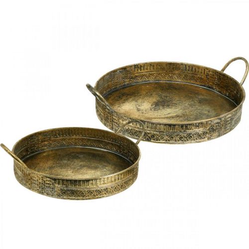 Dekoratyvinis dubuo su rankenomis, raštuotas augalų padėklas, auksinis metalinis indas, senovinė išvaizda W45,5/42cm Ø39,5/34cm 2 rinkinys